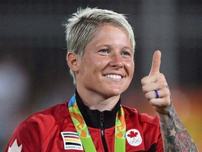 Canada rugby sevens captain Jen Kish after receiving her bronze medal at the 2016 Olympic Games in Rio de Janeiro.
