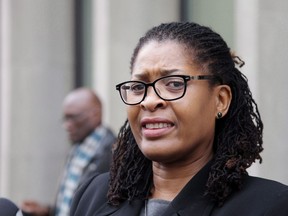 Paulette Senior speaks outside Superior Court in Toronto on February 8, 2016. Dozens of activists championing the rights of women and girls are gathering in Ottawa this week to make sure Prime Minister Justin Trudeau remembers his promise to bring along his lauded feminist credentials when he hosts G7 leaders at a resort in La Malbaie, Que., in June. Paulette Senior, president and CEO of the Canadian Women's Foundation, says the activists at the W7 summit are calling on leaders to go beyond the "platitudes" of declaring themselves to be feminists and get serious about policies that actually improve the lives of women and girls.