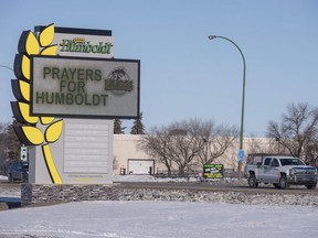 The welcome sign is shown in Humboldt, Sask., Saturday, April 7, 2018. Attention in the town where 15 members of the Humboldt Broncos hockey team were killed in a bus crash is turning to supporting students as they return to school following the tragedy.