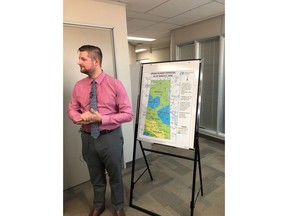 Water Security Agency spokesman Patrick Boyle speaks in Regina on March 13, 2018. Recent snowfall in Saskatchewan has flood watchers concerned about the potential for high water in the northern part of the province this spring. Spokesman Patrick Boyle says cold temperatures and continued snowfall have pushed the spring melt back and that means there's an increased risk of a quicker thaw and rain.