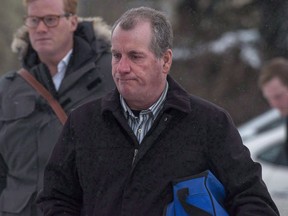 Gerald Stanley enters the Court of Queen's Bench for the fifth day of his trial in Battleford, Sask., on February 5, 2018. A Saskatchewan farmer acquitted in the fatal shooting of a young Indigenous man has pleaded guilty to a gun charge. Gerald Stanley pleaded guilty today to one count of unsafe storage of an unrestricted firearm.