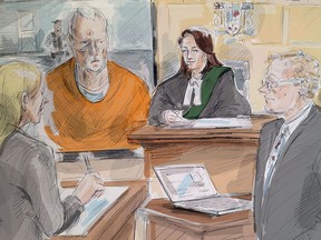 In this artist's sketch, alleged serial killer Bruce McArthur makes an appearance via video in a Toronto courtroom, Wednesday, April 11, 2018. From left, lawyer Samantha Saunders, part of McArthur's defence team, McArthur, Justice Wendy Agnew and Crown Michael Cantlon are shown. Toronto police say they have identified a dead man who is believed to be a victim of alleged serial killer McArthur.