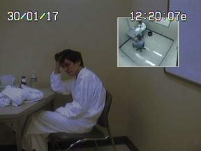 Police interview Alexandre Bissonnette on January 30, 2017, the day after the mosque attacks, in this still from an interrogation video shown by the Crown to the sentencing hearings in Quebec City in this handout photo.