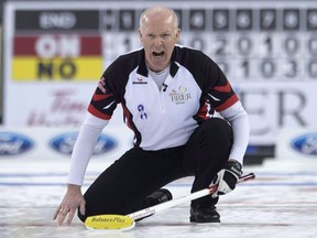 Team Ontario skip Glenn Howard reacts to his final shot in the tenth end during round robin competition against Team Northern Ontario at the Brier curling championship in Ottawa on March 9, 2016. The current norm on the elite curling scene is to approach lineup decisions and future plans with a full quadrennial in mind. Veteran skip Glenn Howard is bucking that trend by taking things one season at a time.