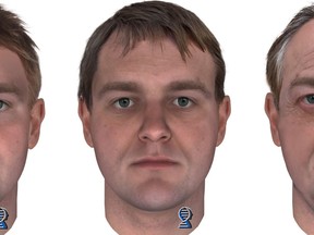 This computer generated composite image based on DNA evidence released by the Snohomish County Sheriff's Office shows a white man with fair hair and green or hazel eyes, at age 25, left to right, 45 and 65, traits that investigators say are connected to the DNA of the person they believe killed 18-year-old Tanya Van Cuylenborg and 20-year-old Jay Cook. Police in Washington state have released images of a man created through groundbreaking DNA technology that they say could help solve the murders of a young British Columbia couple more than 30 years ago.