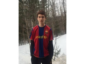 Philippe Volek, 14, is poses in this undated handout photo. A Montreal-area 14-year-old says he was kicked out of class class after wearing a jersey to show of support for the victims of the Humboldt Broncos crash. Philippe Volek says he decided to wear a red and blue soccer shirt to his high school in Ste-Adele after hearing about a nationwide Jersey Day event to honour the 16 people killed in the Saskatchewan crash.