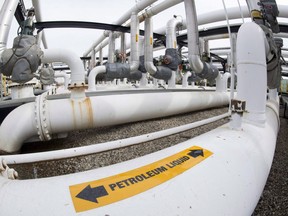 Pipes are seen at the Kinder Morgan Trans Mountain facility in Edmonton, Alta., Thursday, April 6, 2017. The Saskatchewan government has introduced legislation that would allow the province to control its oil and gas exports, similar to a bill recently tabled in Alberta.