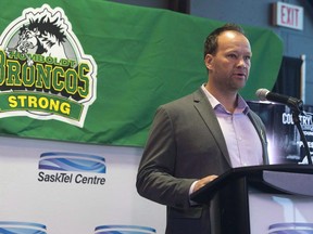 Former NHL player Clarke Wilm speaks at a press event to announce a Humboldt Broncos Tribute concert by the Country Thunder Foundation in Saskatoon, Sask. Wednesday, April, 18, 2018. Organizers hope the power of music and the popularity of NHL players will draw a crowd to a fundraiser to help people affected by the Humboldt Broncos bus crash.