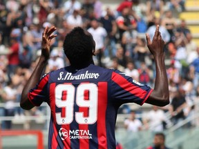 Crotone's Simy celebrates after scoring during a Serie A soccer match between Crotone and Sassuolo at the Ezio Scida stadium in Crotone, Italy, Sunday, April 29, 2018.