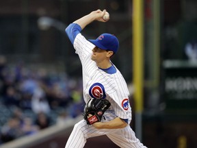 Chicago Cubs starting pitcher Kyle Hendricks throws against the Milwaukee Brewers during the first inning of a baseball game Thursday, April 26, 2018, in Chicago.