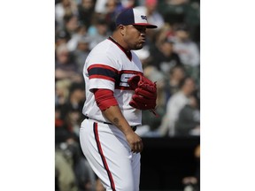 Chicago White Sox relief pitcher Bruce Rondon reacts after Houston Astros' Alex Bregman hit a one-run single during the seventh inning of a baseball game Sunday, April 22, 2018, in Chicago.