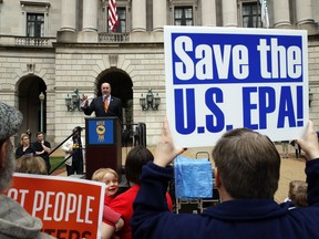 Rep. Dale Kildee, D-Mich., speaks about EPA Administrator Scott Pruitt and the state of the EPA during a protest by the American Federation of Government Employees union, Wednesday, April 25, 2018, in Washington.