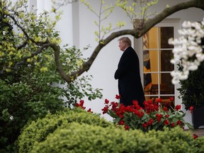 President Donald Trump walks from the Oval Office of the White House to Marine One in Washington, Monday, April 16, 2018, for the short trip to Andrews Air Force Base en route to Miami.