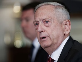 Defense Secretary Jim Mattis speaks during a bilateral meeting with Emir of Qatar Sheikh Tamim bin Hamad al-Thani at the Pentagon, Monday, April 9, 2018.