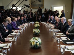 President Donald Trump speaks during a meeting with Baltic leaders in the Cabinet Room of the White House, Tuesday, April 3, 2018, in Washington.
