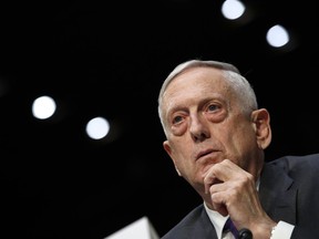 Defense Secretary Jim Mattis listens to a question on the Department of Defense budget posture during a Senate Armed Services Committee hearing, Thursday April 26, 2018, on Capitol Hill in Washington.