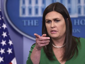 White House press secretary Sarah Huckabee Sanders calls on a reporter during the daily briefing at the White House in Washington, Monday, April 9, 2018. Sanders was asked about Syria, Russia and other topics.