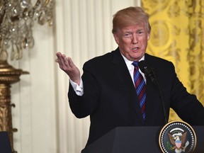 President Donald Trump speaks during a news conference with Latvian President Raimonds Vejonis, Estonian President Kersti Kaljulaid, and Lithuanian President Dalia Grybauskaite in the East Room of the White House, Tuesday, April 3, 2018, in Washington.