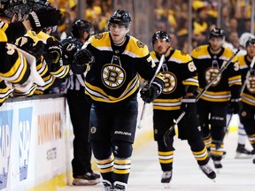 Boston Bruins forward Jake DeBrusk celebrates his goal against the Toronto Maple Leafs on April 14.