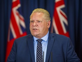 Ontario PC leader Doug Ford addresses media at the Hilton Toronto in Toronto, Ont. on Thursday April 26, 2018.