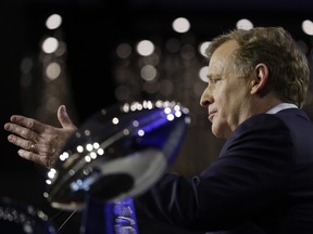 In this Jan. 31 file photo, NFL Commissioner Roger Goodell speaks to reporters ahead of the Super Bowl in Minneapolis.