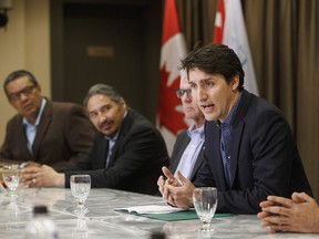 Prime Minister Justin Trudeau meets with Indigenous leaders during a visit to Fort McMurray Alta, on Friday April 6, 2018.THE CANADIAN PRESS/Jason Franson