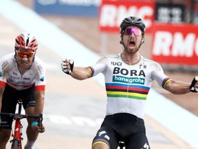 Slovakia's Peter Sagan celebrates after winning the 116th edition of the Paris-Roubaix cycling classic, a 257,5 kilometer (160 mile) one day race, with about 20 per cent of the distance run on cobblestones, at the velodrome in Roubaix, northern France, on Sunday, April 8, 2018. Switzerland's Silvan Dillier finishes second.
