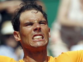 Spain's Rafael Nadal celebrates after defeating Bulgaria's Gregor Dimitrov in their semifinal singles match of the Monte Carlo Tennis Masters tournament in Monaco, Saturday April 21, 2018.