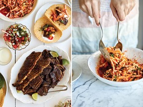 L.A.-style kalbi, left, and kimchi slaw