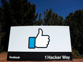 The Facebook logo at the company's headquarters in Menlo Park, Calif.