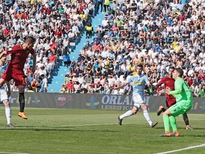 Roma's Patrick Schick, left, scores his side's third goal during a Serie A soccer match between Spal and AS Roma, at Paolo Mazza Stadium in Ferrara, Italy, Saturday, April 21, 2018.