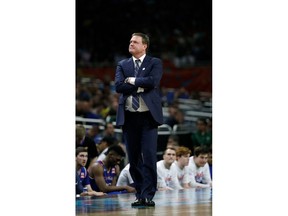 Kansas head coach Bill Self watches from the bench during the first half against Villanova in the semifinals of the Final Four NCAA college basketball tournament, Saturday, March 31, 2018, in San Antonio.