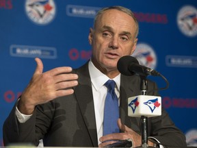 MLB Commissioner Rob Manfred takes questions from the media prior to the start of the Blue Jays American League MLB baseball game against the Boston Red Sox in Toronto on Tuesday April 24, 2018.