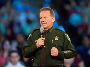 This photo taken Feb. 21, 2018, shows Broward County Sheriff Scott Israel speaking before a CNN town hall broadcast, at the BB&T Center, in Sunrise, Fla.  The union that represents the deputies who responded to the Florida high school massacre is holding a no-confidence vote on the sheriff. The Broward Sheriff's Office Deputies Association is conducting a poll of its members about their confidence in Sheriff Scott Israel. It will end Saturday, April 21, 2018.