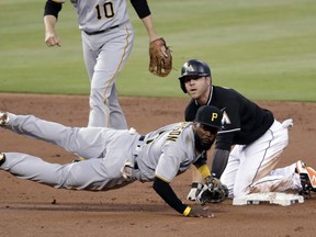 Miami Marlins' JB Shuck, right, is out at second as Pittsburgh Pirates second baseman Josh Harrison (5) throws to first during the second inning of a baseball game, Saturday, April 14, 2018, in Miami. Lewis Brinson was out at first on a fielder's choice.