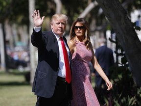 President Donald Trump and first lady Melania Trump arrive for Easter services at Episcopal Church of Bethesda-by-the-Sea, in Palm Beach, Fla., Sunday, April 1, 2018.