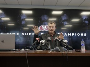 San Francisco 49ers general manager John Lynch speaks to reporters at the team's football facility in Santa Clara, Calif., Monday, April 23, 2018.