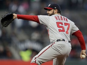 Washington Nationals starting pitcher Tanner Roark throws to the San Francisco Giants during the first inning of a baseball game Tuesday, April 24, 2018, in San Francisco.