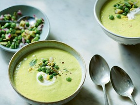 Creamy cucumber and dill gazpacho with pea salsa and sumac