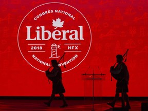 Members of the The 78th Highlanders (Halifax Citadel) Pipe Band take the stage at the start of the federal Liberal national convention in Halifax on Thursday, April 19, 2018.