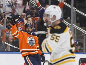 Edmonton Oilers forward Jujhar Khaira celebrates a goal against the Boston Bruins on Feb. 20.