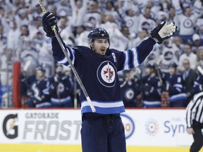 Mark Scheifele of the Jets celebrates his goal against the Minnesota Wild during the second period of Game 1 of their Western Conference playoff series in Winnipeg on Wednesday night.
