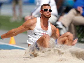 Kurtis Brondyke lands in the pit during the decathlon long jump at the Drake Relays athletics meet, Wednesday, April 25, 2018, in Des Moines, Iowa.