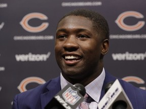 Chicago Bears first round draft pick, University of Georgia linebacker Roquan Smith, smiles during an introductory NFL football news conference Friday, April 27, 2018, in Lake Forest , Ill.