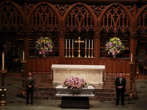 Former U.S. first lady Barbara Bush lies in repose at St. Martin's Episcopal Church Friday, April 20, 2018, in Houston, prior to the public visitation.  Bush died Tuesday at her Houston home, she was 92.