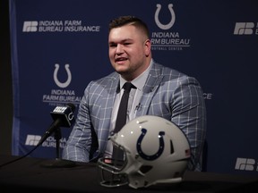 Quenton Nelson, the Indianapolis Colts first-round draft pick, talks about being a member of the team during a news conference at the NFL football team's practice facility in Indianapolis, Friday, April 27, 2018.
