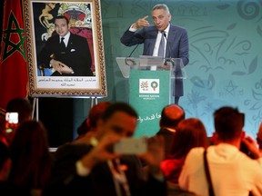 Head of Morocco's Bid Committee Moulay Hafid Elalamy speaks during a press conference to promote Morocco's bid for the 2026 soccer World Cup after the visit of the Task Force in Casablanca, Morocco, Friday April 20, 2018.