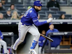 Lourdes Guriel Jr. of the Toronto Blue Jays bangs out one of his two hits on the night as he made an auspicous MLB debut with three RBI in an 8-5 win over the New York Yankees Friday at Yankee Stadium.