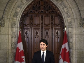 Prime Minister Justin Trudeau makes a statement on the incident involving pedestrians being struck by a van in Toronto, in the Foyer of the House of Commons on Parliament Hill on Tuesday, April 24, 2018 in Ottawa.