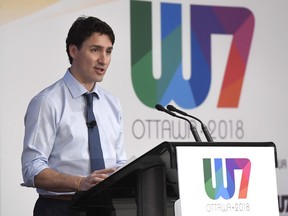 Prime Minister Justin Trudeau delivers remarks at the W7: Feminist Visions for the G7 meeting in Ottawa on Wednesday, April 25, 2018.
